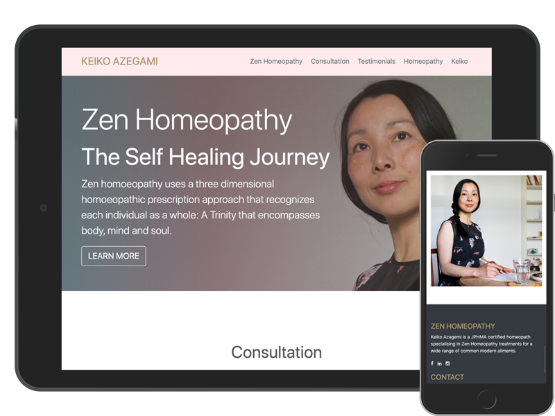 Showcase of the responsive website for Zen Homeopath Keiko Azagemi at keikoazegami.dk design by front-end web developer Diego Vega